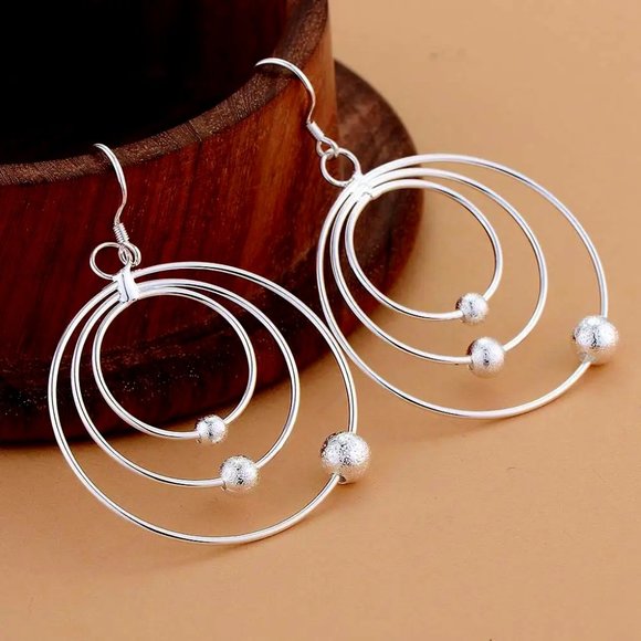 Fine Silver Jewelry - Gorgeous 3 Circles with Beads Hanging Earrings, Sterling Silver "Hypoallergenic"